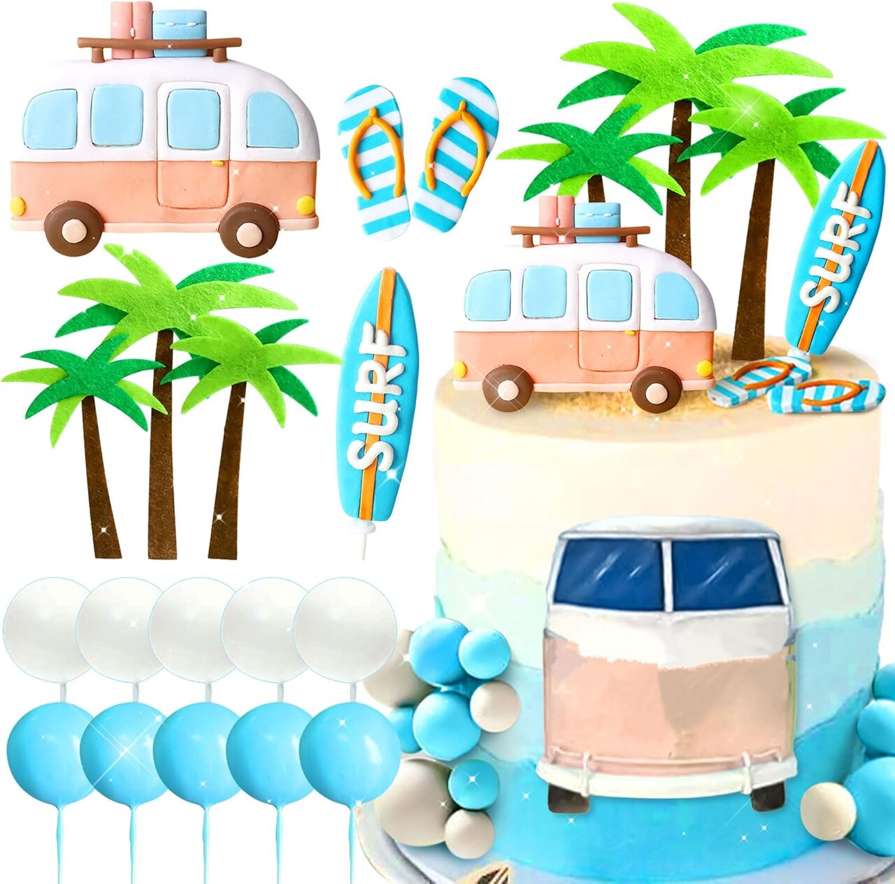 Beach Surf Wave Cake Topper - Surfboard, Swimming, Slippers, Lifebuoy, Surf Birthday Party Decoration